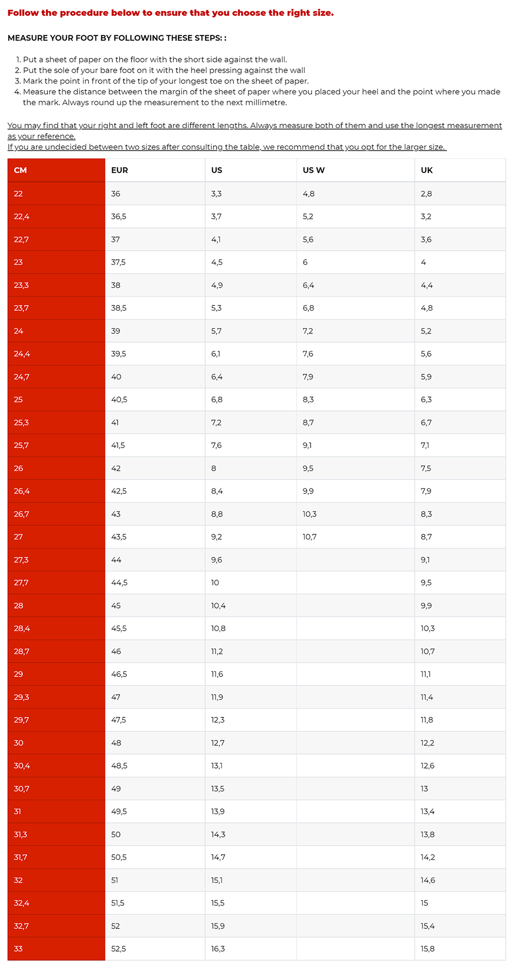 Sidi Size Guide